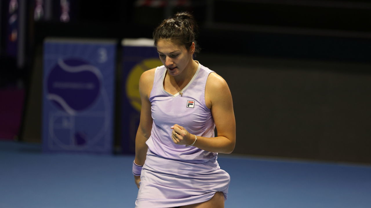 ST PETERBURG, RUSSIA - 2021/03/19: Margarita Gasparyan of Russia playing against Ekaterina Alexandrova of Russia during the St.Petersburg Ladies Trophy 2021 tennis tournament at Sibur Arena. Final score: (Margarita Gasparyan 2-0 Ekaterina Alexandrova).