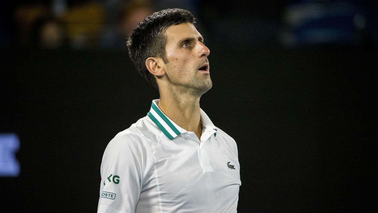 MELBOURNE, VIC - FEBRUARY 21: Novak Djokovic of Serbia in action during the Men's Singles Final of the 2021 Australian Open on February 21 2021, at Melbourne Park in Melbourne, Australia.