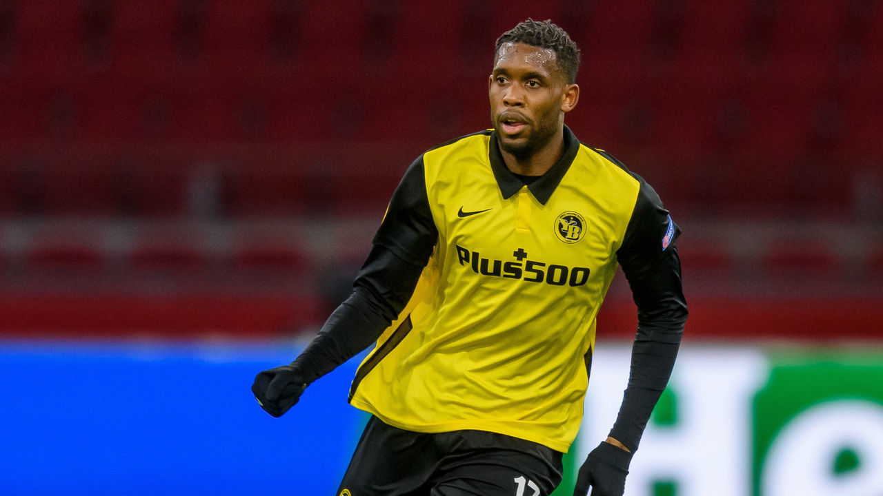 AMSTERDAM, NETHERLANDS - MARCH 11: (BILD ZEITUNG OUT) Jordan Siebatcheu of BSC Young Boys looks on during the UEFA Europa League Round of 16 First Leg match between Ajax and BSC Young Boys at Johan Cruijff Arena on March 11, 2021 in Amsterdam, Netherlands. Sporting stadiums around Europe remain under strict restrictions due to the Coronavirus Pandemic as Government social distancing laws prohibit fans inside venues resulting in games being played behind closed doors.