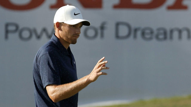 PALM BEACH GARDENS, FLORIDA - MARCH 19: Aaron Wise of the United States reacts on the ninth green during the second round of The Honda Classic at PGA National Champion course on March 19, 2021 in Palm Beach Gardens, Florida.