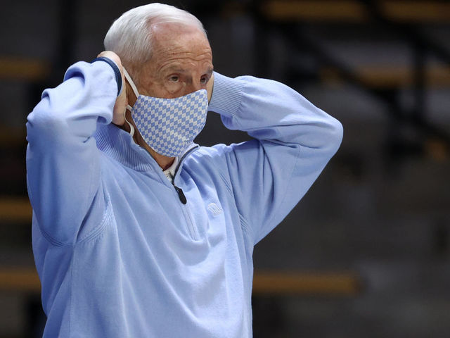 WEST LAFAYETTE, INDIANA - MARCH 19: Head coach Roy Williams of the North Carolina Tar Heels on the sidelines during the first half against the Wisconsin Badgers in the first round game of the 2021 NCAA Men's Basketball Tournament at Mackey Arena on March 19, 2021 in West Lafayette, Indiana.