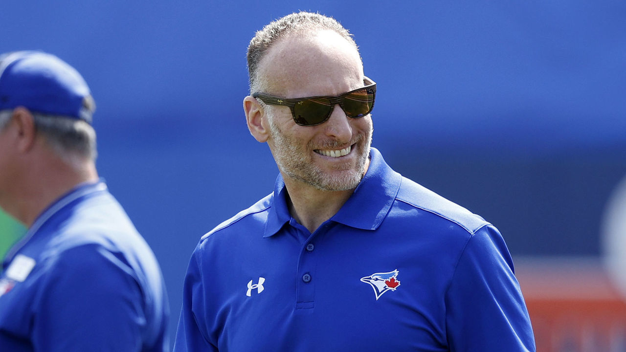 DUNEDIN, FL - FEBRUARY 24: Toronto Blue Jays president and CEO Mark Shapiro looks on prior to a ribbon cutting for the grand re-opening of the redesigned ball park prior to a Grapefruit League spring training game against the Atlanta Braves at TD Ballpark on February 24, 2020 in Dunedin, Florida.