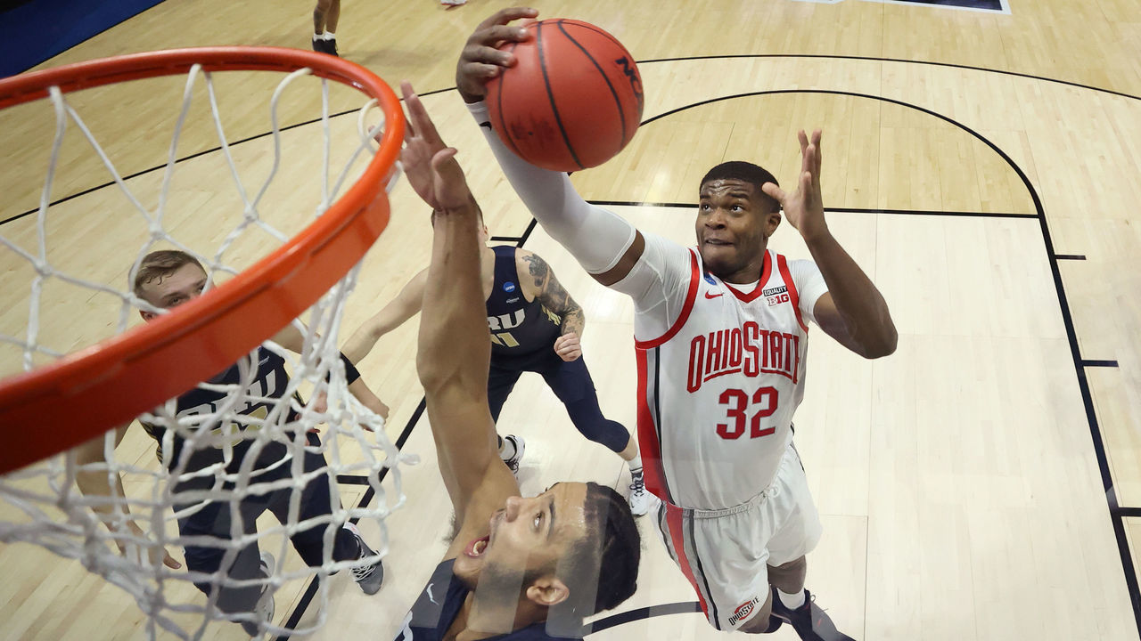 WEST LAFAYETTE, INDIANA - MARCH 19: E.J. Liddell #32 of the Ohio State Buckeyes goes up with the ball in the first half against the Oral Roberts Golden Eagles in the first round game of the 2021 NCAA Men's Basketball Tournament at Mackey Arena on March 19, 2021 in West Lafayette, Indiana.