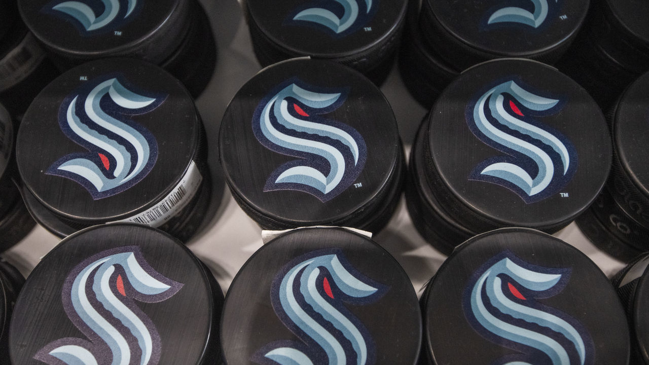 SEATTLE, WASHINGTON - AUGUST 21: Pucks advertise the NHL's newest franchise during the grand opening of Seattle Kraken Team Store on August 21, 2020 in Seattle, Washington.