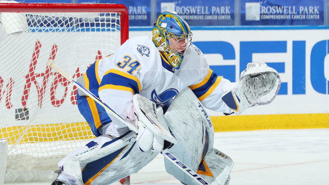 BUFFALO, NY - MARCH 11: Jonas Johansson #34 of the Buffalo Sabres tends goal during an NHL game against the Pittsburgh Penguins on March 11, 2021 at KeyBank Center in Buffalo, New York.