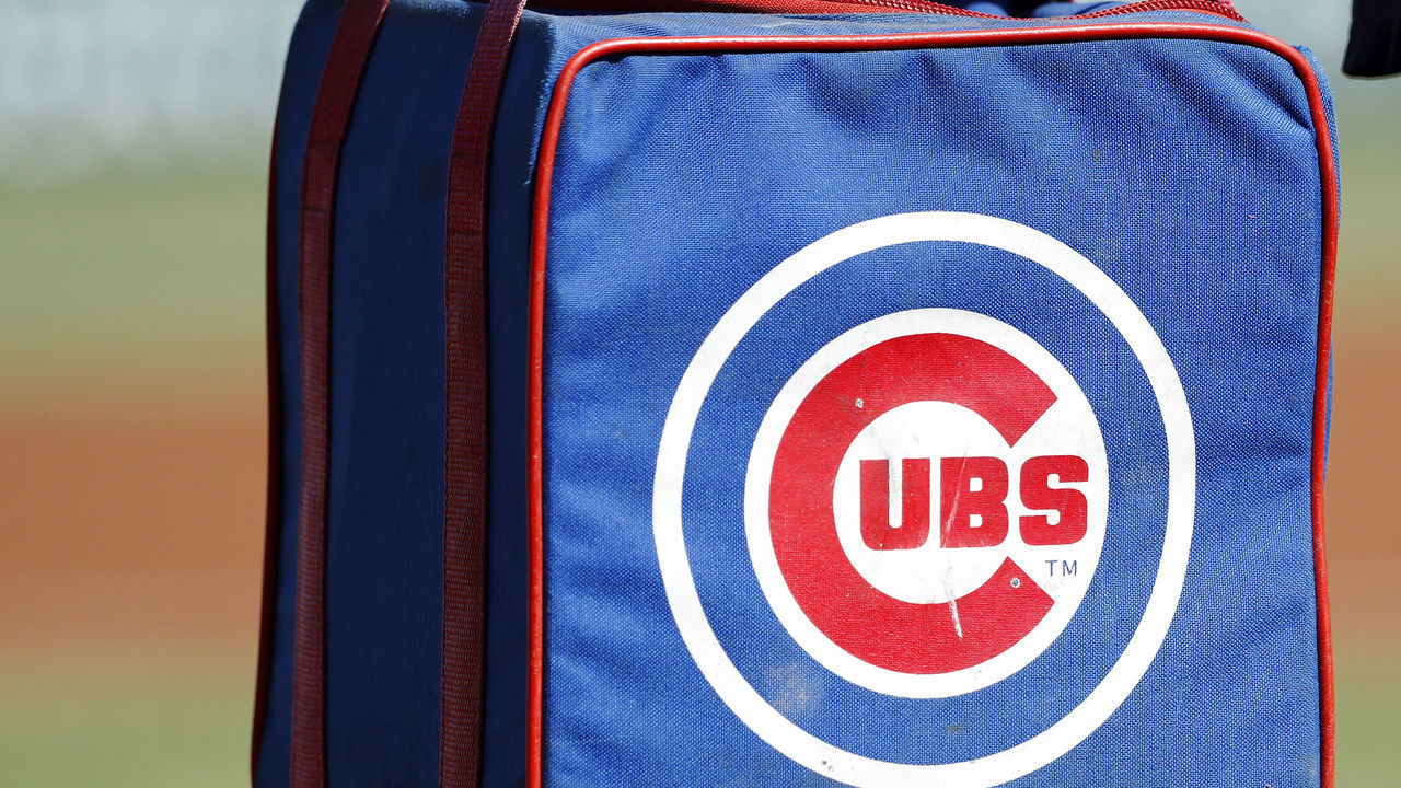 MESA, AZ - OCTOBER 14: A detail view of a baseball bag with Chicago Cubs logo during an Arizona Fall League game between the Glendale Desert Dogs and Mesa Solar Sox at Sloan Park on October 14, 2019 in Mesa, Arizona. Glendale defeated Mesa 9-5.