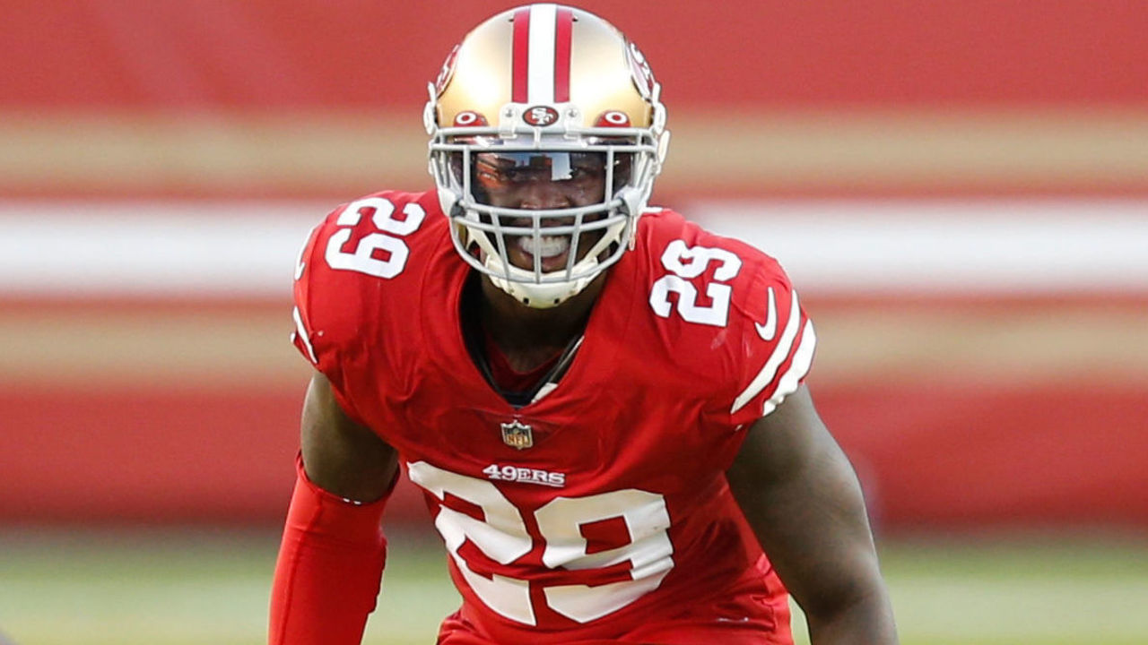 SANTA CLARA, CA - OCTOBER 4: Jaquiski Tartt #29 of the San Francisco 49ers defends during the game against the Philadelphia Eagles at Levi's Stadium on October 4, 2020 in Santa Clara, California. The Eagles defeated the 49ers 25-20.