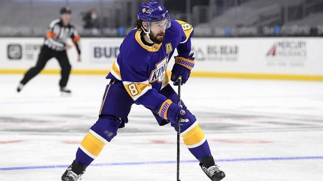 LOS ANGELES, CALIFORNIA - MARCH 17: Drew Doughty #8 of the Los Angeles Kings prepares to shoot during a 4-1 Kings win over the St. Louis Blues at Staples Center on March 17, 2021 in Los Angeles, California.