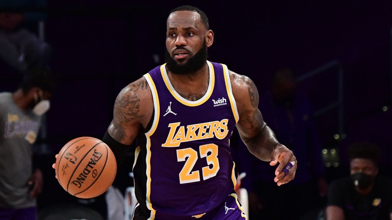 LOS ANGELES, CA - MARCH 18: LeBron James #23 of the Los Angeles Lakers dribbles the ball during the game against the Charlotte Hornets on March 18, 2021 at STAPLES Center in Los Angeles, California. NOTE TO USER: User expressly acknowledges and agrees that, by downloading and/or using this Photograph, user is consenting to the terms and conditions of the Getty Images License Agreement. Mandatory Copyright Notice: Copyright 2021 NBAE