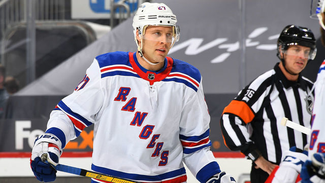 PITTSBURGH, PA - MARCH 09: Jack Johnson #27 of the New York Rangers skates against the Pittsburgh Penguins at PPG PAINTS Arena on March 9, 2021 in Pittsburgh, Pennsylvania.