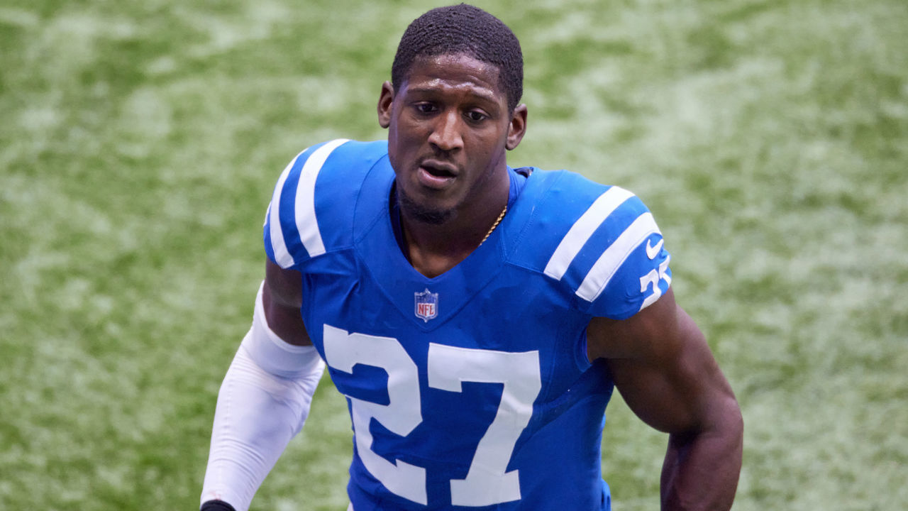 INDIANAPOLIS, IN - OCTOBER 18: Indianapolis Colts Cornerback Xavier Rhodes (27) looks on in game action during a NFL game between the Indianapolis Colts and the Cincinnati Bengals on October 18, 2020, at Lucas Oil Stadium in Indianapolis, IN.