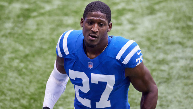 INDIANAPOLIS, IN - OCTOBER 18: Indianapolis Colts Cornerback Xavier Rhodes (27) looks on in game action during a NFL game between the Indianapolis Colts and the Cincinnati Bengals on October 18, 2020, at Lucas Oil Stadium in Indianapolis, IN.