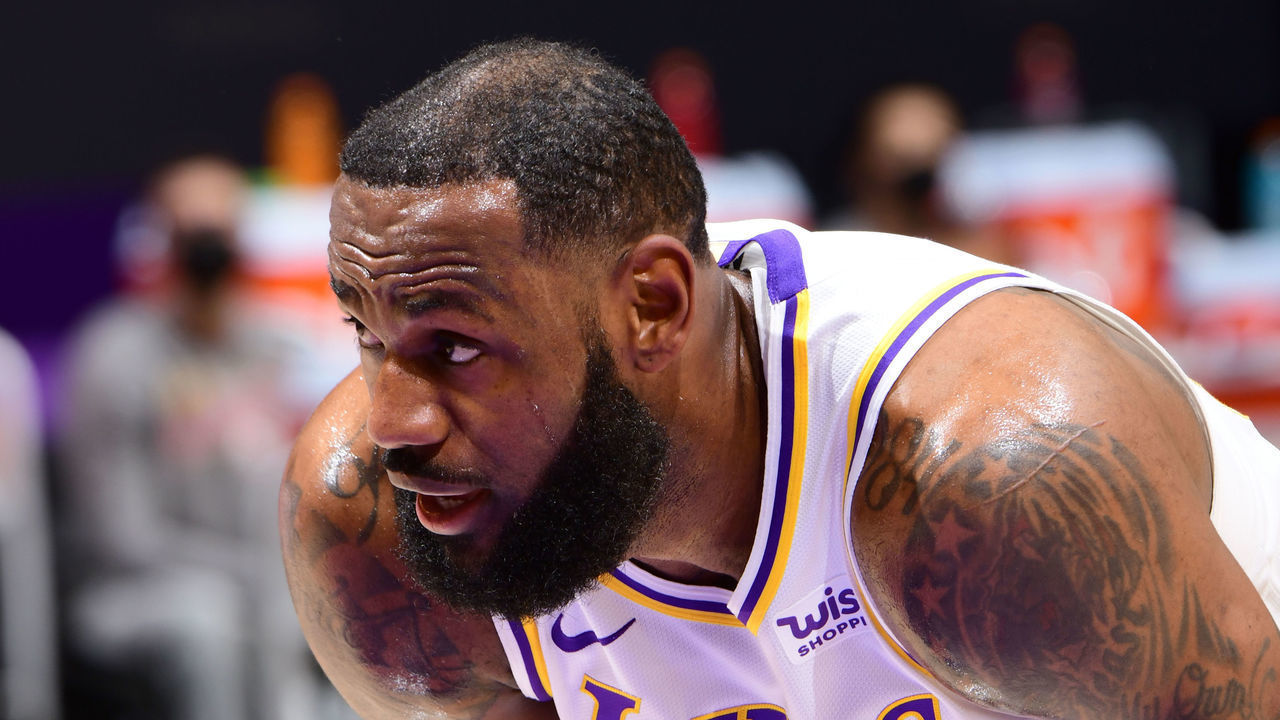 LOS ANGELES, CA - MARCH 20: LeBron James #23 of the Los Angeles Lakers looks on during the game against the Atlanta Hawks on March 20, 2021 at STAPLES Center in Los Angeles, California. NOTE TO USER: User expressly acknowledges and agrees that, by downloading and/or using this Photograph, user is consenting to the terms and conditions of the Getty Images License Agreement. Mandatory Copyright Notice: Copyright 2021 NBAE