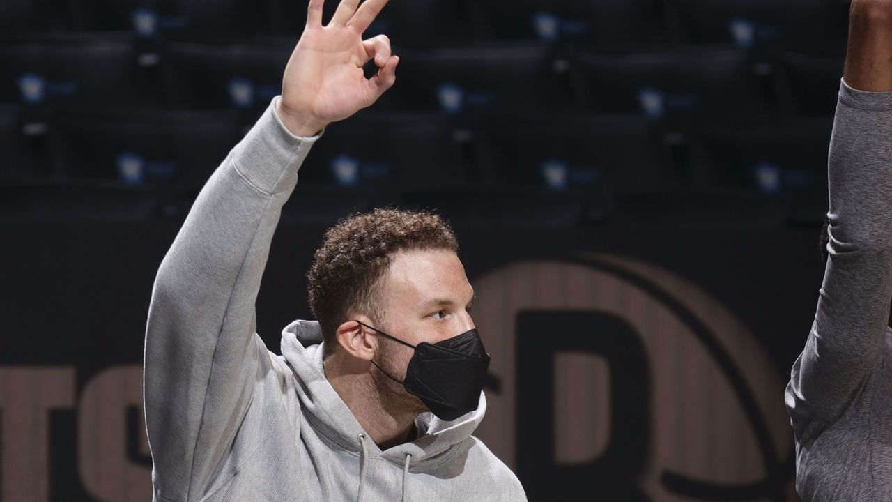 BROOKLYN, NY - MARCH 15: Blake Griffin #2 of the Brooklyn Nets reacts to a play during the game against the New York Knicks on March 15, 2021 at Barclays Center in Brooklyn, New York. Mandatory Copyright Notice: Copyright 2021 NBAE
