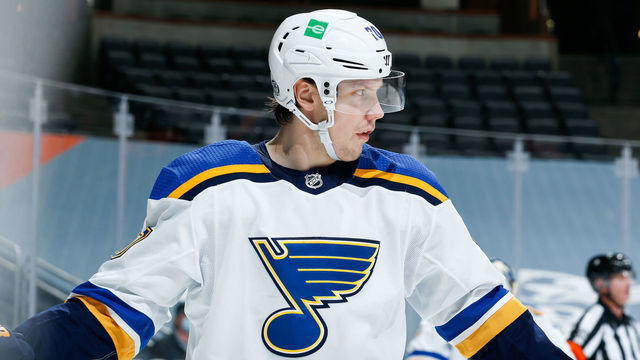ANAHEIM, CA - JANUARY 31: Oskar Sundqvist #70 of the St. Louis Blues looks on while waiting for play to resume during the second period of the game against the Anaheim Ducks at Honda Center on January 31, 2021 in Anaheim, California.