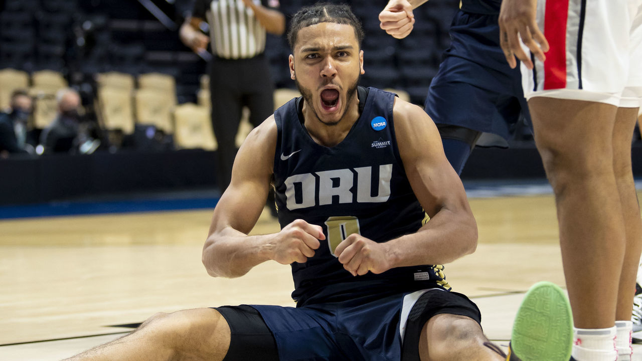WEST LAFAYETTE, IN - MARCH 19: Kevin Obanor #0 of Oral Roberts University reacts after scoring and drawing a foul in the first round of the 2021 NCAA Division I Mens Basketball Tournament held at Mackey Arena on March 19, 2021 in West Lafayette, Indiana.