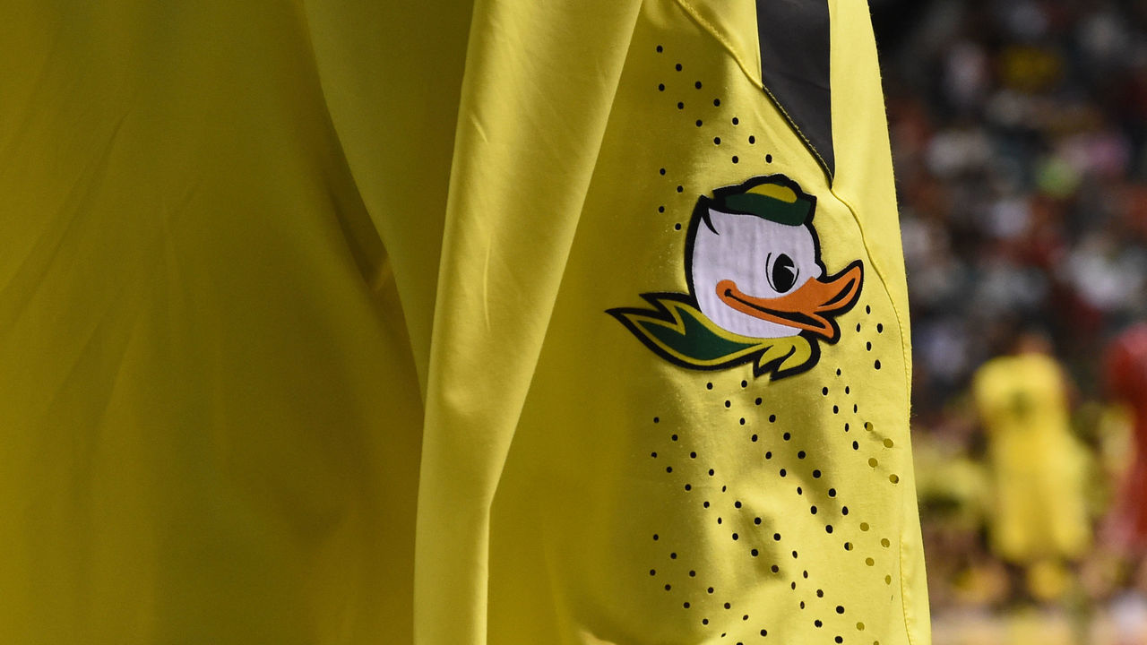 12 March 2016: The Duck logo on the shorts of a player during the men's Pac-12 Basketball Tournament championship game between the Utah Utes and Oregon Ducks at MGM Grand Garden Arena in Las Vegas, NV. Oregon defeated Utah 88-57.