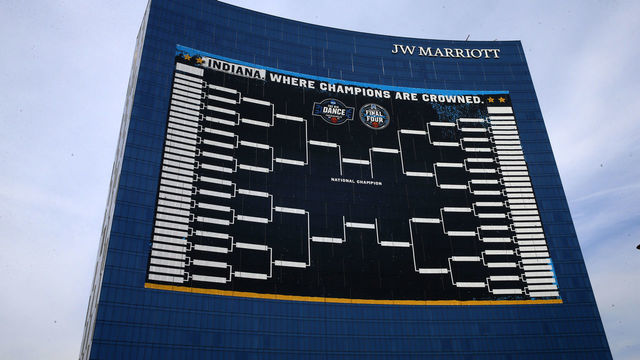 INDIANAPOLIS, IN - MARCH 9: A large bracket banner is displayed for the 2021 NCAA Men's Final Four on the front of the JW Marriott Hotel as seen on March 9, 2021 in Indianapolis, IN.
