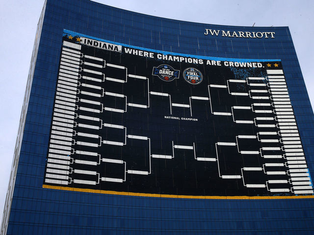 INDIANAPOLIS, IN - MARCH 9: A large bracket banner is displayed for the 2021 NCAA Men's Final Four on the front of the JW Marriott Hotel as seen on March 9, 2021 in Indianapolis, IN.