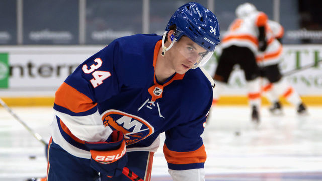 UNIONDALE, NEW YORK - MARCH 18: Thomas Hickey #34 of the New York Islanders skates in warm-ups prior to the game against the Philadelphia Flyers at the Nassau Coliseum on March 18, 2021 in Uniondale, New York.
