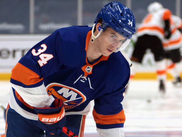 UNIONDALE, NEW YORK - MARCH 18: Thomas Hickey #34 of the New York Islanders skates in warm-ups prior to the game against the Philadelphia Flyers at the Nassau Coliseum on March 18, 2021 in Uniondale, New York.