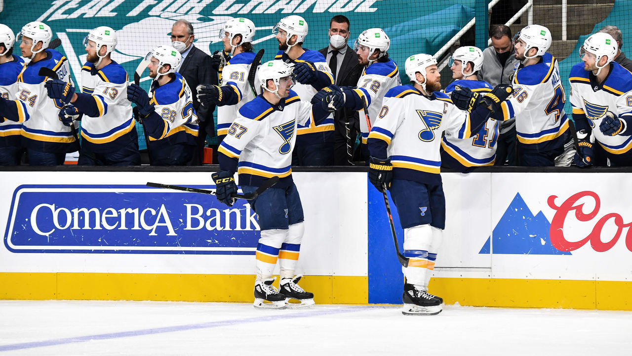 SAN JOSE, CA - MARCH 20: Ryan OReilly #90 and David Perron #57 of the St. Louis Blues celebrate scoring a goal against the San Jose Sharks at SAP Center on March 20, 2021 in San Jose, California.