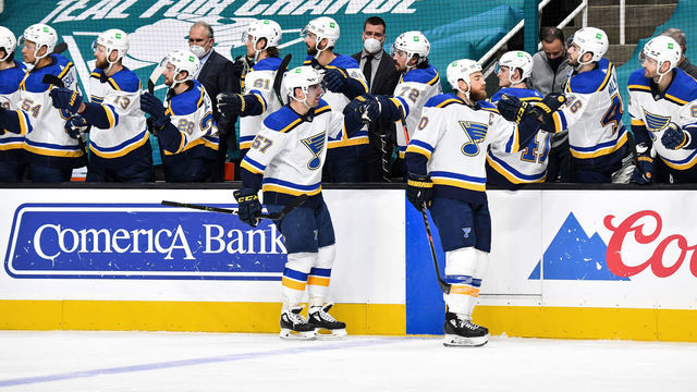 SAN JOSE, CA - MARCH 20: Ryan OReilly #90 and David Perron #57 of the St. Louis Blues celebrate scoring a goal against the San Jose Sharks at SAP Center on March 20, 2021 in San Jose, California.