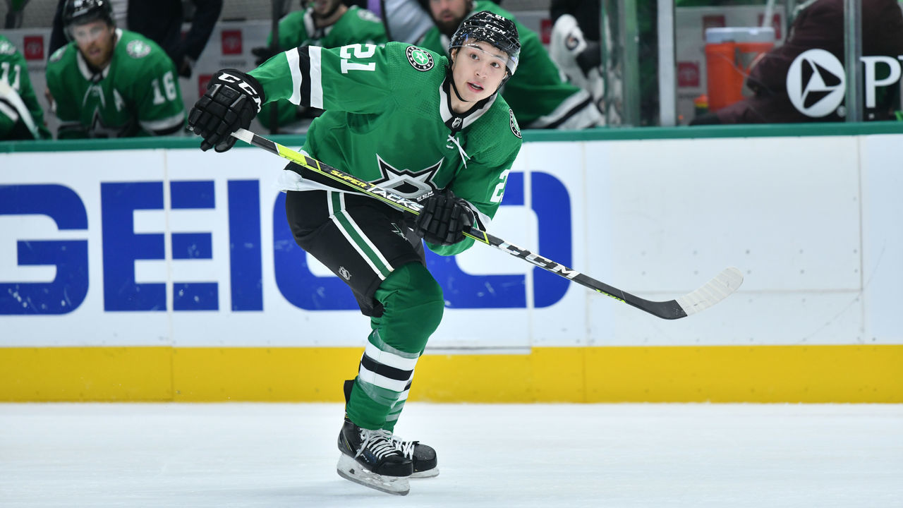 DALLAS, TX - MARCH 4: Jason Robertson #21 of the Dallas Stars skates against the Columbus Blue Jackets at the American Airlines Center on March 4, 2021 in Dallas, Texas.