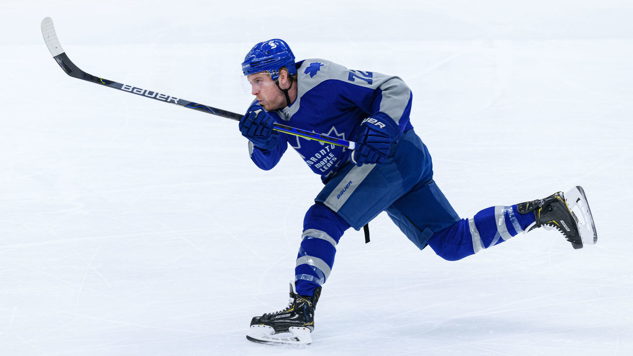 TORONTO, ON - MARCH 09: Toronto Maple Leafs Center Travis Boyd (72) shoots the puck during the NHL regular season game between the Winnipeg Jets and the Toronto Maple Leafs on March 9, 2021, at Scotiabank Arena in Toronto, ON, Canada.