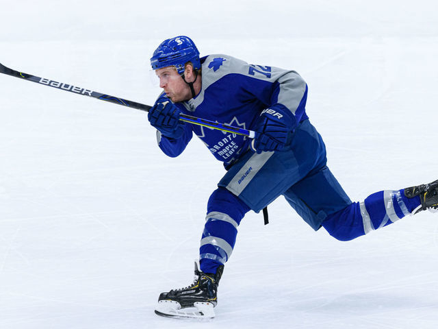 TORONTO, ON - MARCH 09: Toronto Maple Leafs Center Travis Boyd (72) shoots the puck during the NHL regular season game between the Winnipeg Jets and the Toronto Maple Leafs on March 9, 2021, at Scotiabank Arena in Toronto, ON, Canada.