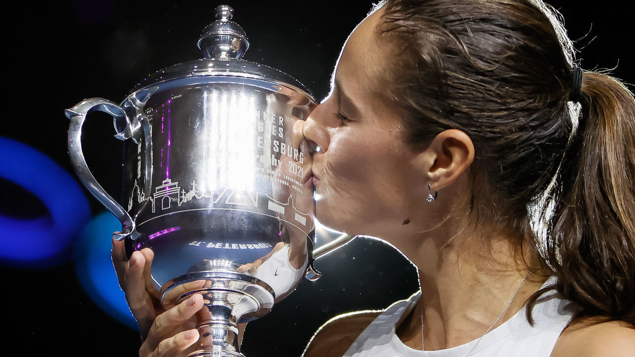 Daria Kasatkina of Russia celebrates with the trophy after winning her WTA St. Petersburg Ladies Trophy 2021 tennis tournament final match against Margarita Gasparyan of Russia on March 21, 2021 at Sibur Arena in Saint Petersburg, Russia.