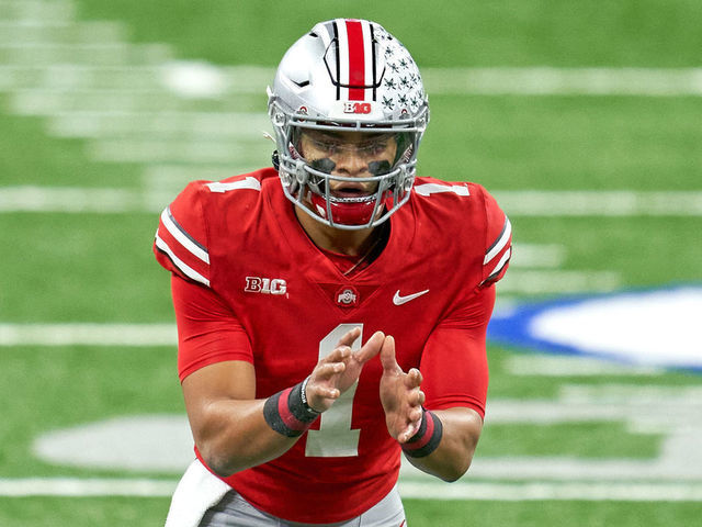 INDIANAPOLIS, IN - DECEMBER 19: Ohio State Buckeyes quarterback Justin Fields (1) in action during the Big Ten Championship game between the Ohio State Buckeyes and the Northwestern Wildcats on December 19, 2020 at Lucas Oil stadium, in Indianapolis, IN.