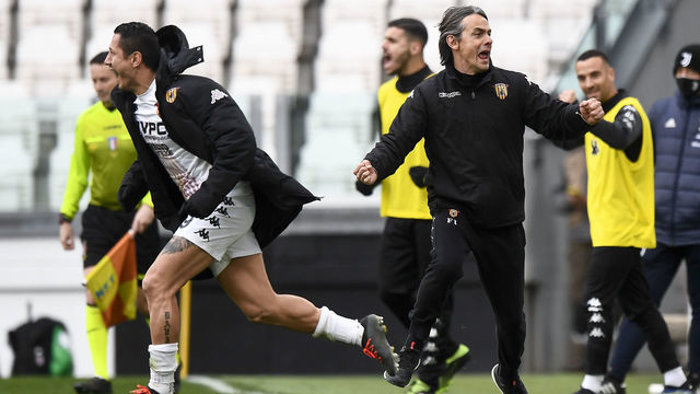 ALLIANZ STADIUM, TURIN, ITALY - 2021/03/21: Filippo Inzaghi (R), head coach of Benevento Calcio, and Gianluca Lapadula of Benevento Calcio celebrate the victory at the end of the Serie A football match between Juventus FC and Benevento Calcio. Benevento Calcio won 1-0 over Juventus FC.