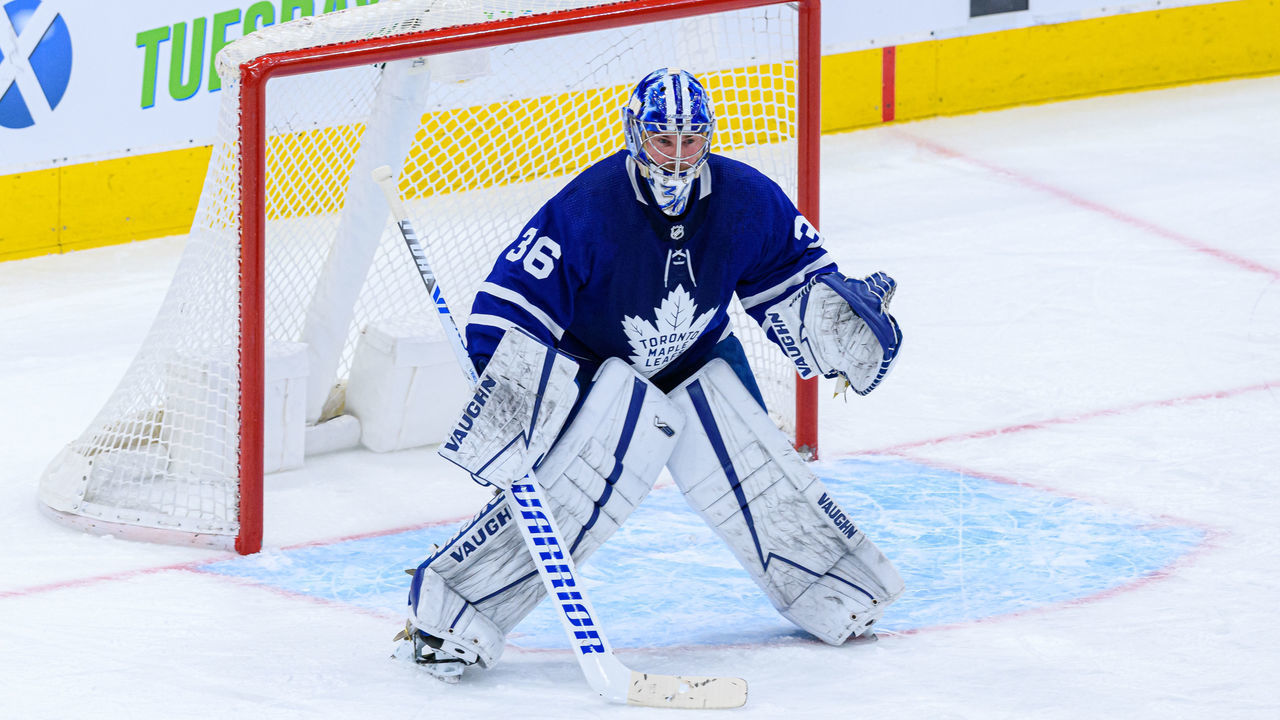 TORONTO, ON - MARCH 20: Toronto Maple Leafs Goalie Jack Campbell (36) tends the net during the NHL regular season game between the Calgary Flames and the Toronto Maple Leafs on March 20, 2021, at Scotiabank Arena in Toronto, ON, Canada.