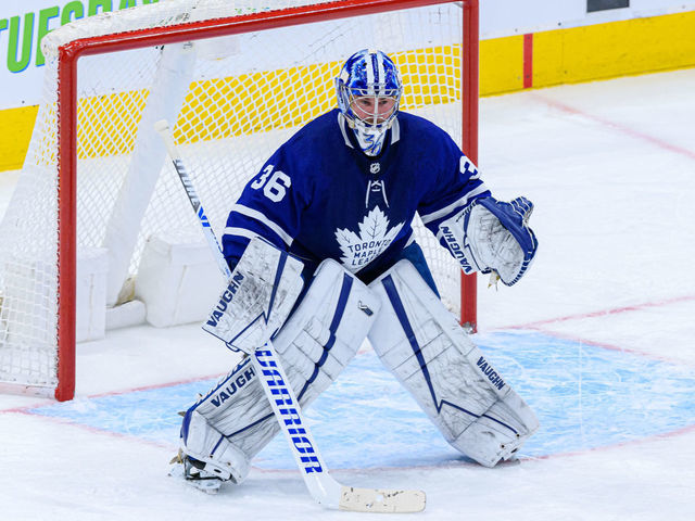 TORONTO, ON - MARCH 20: Toronto Maple Leafs Goalie Jack Campbell (36) tends the net during the NHL regular season game between the Calgary Flames and the Toronto Maple Leafs on March 20, 2021, at Scotiabank Arena in Toronto, ON, Canada.