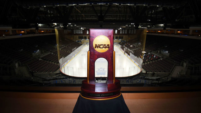 ERIE, PA - MARCH 18: The NCAA Women's Ice Hockey Championship trophy is seen during the Division I Womens Ice Hockey Championship held at Erie Insurance Arena on March 18, 2021 in Erie, Pennsylvania.