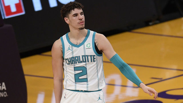 LOS ANGELES, CALIFORNIA - MARCH 18: LaMelo Ball #2 of the Charlotte Hornets reacts after a lost possession to the Los Angeles Lakers during the third quarter at Staples Center on March 18, 2021 in Los Angeles, California.