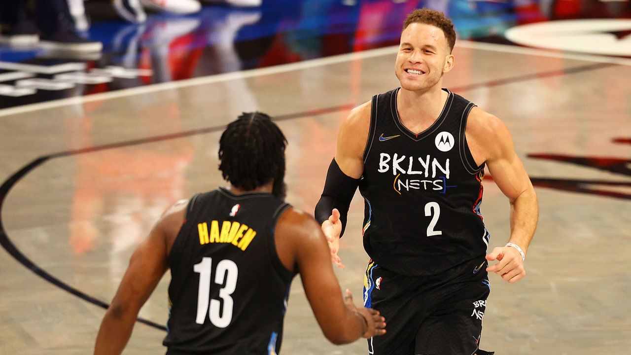 NEW YORK, NEW YORK - MARCH 21: Blake Griffin #2 of the Brooklyn Nets celebrates his dunk with James Harden #13 against the Washington Wizards at Barclays Center on March 21, 2021 in New York City. NOTE TO USER: User expressly acknowledges and agrees that, by downloading and/or using this Photograph, user is consenting to the terms and conditions of the Getty Images License Agreement.