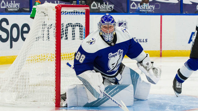 TAMPA, FL - MARCH 18: Goalie Andrei Vasilevskiy #88 of the Tampa Bay Lightning skates against the Chicago Blackhawks during the second period at Amalie Arena on March 18, 2021 in Tampa, Florida.