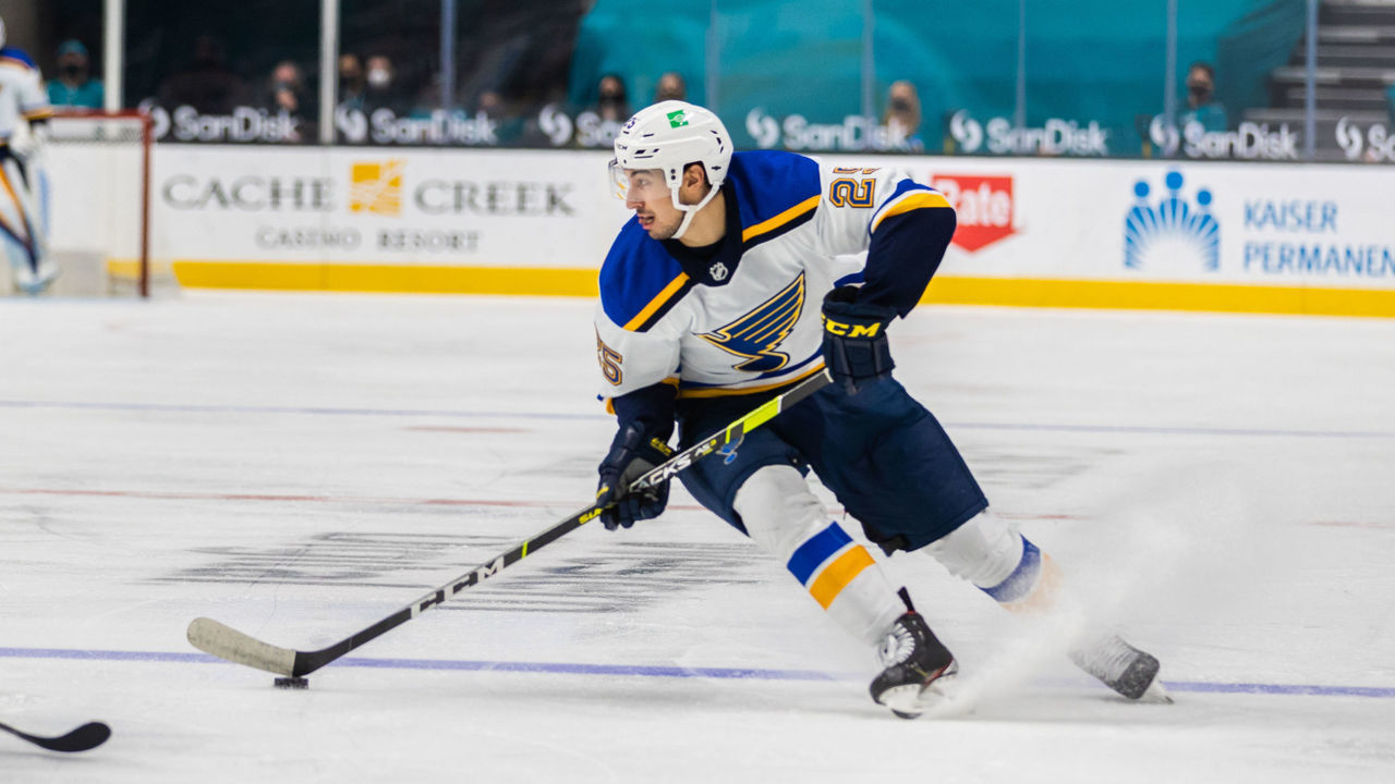 SAN JOSE, CA - MARCH 20: St. Louis Blues Right Wing Jordan Kyrou (25) skates with the puck during the NHL hockey game between the St. Louis Blues and San Jose Sharks on March 20, 2021 at the SAP center in San Jose, CA.