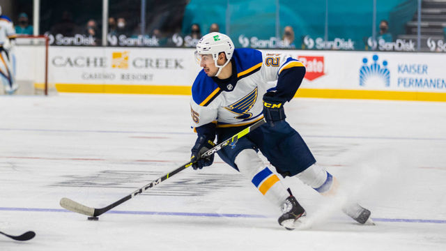 SAN JOSE, CA - MARCH 20: St. Louis Blues Right Wing Jordan Kyrou (25) skates with the puck during the NHL hockey game between the St. Louis Blues and San Jose Sharks on March 20, 2021 at the SAP center in San Jose, CA.