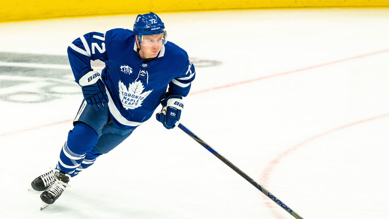 TORONTO, ON - FEBRUARY 4: Toronto Maple Leafs center Travis Boyd #72 skates against the Vancouver Canucks during the first period at the Scotiabank Arena on February 4, 2021 in Toronto, Ontario, Canada.