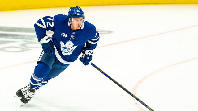 TORONTO, ON - FEBRUARY 4: Toronto Maple Leafs center Travis Boyd #72 skates against the Vancouver Canucks during the first period at the Scotiabank Arena on February 4, 2021 in Toronto, Ontario, Canada.