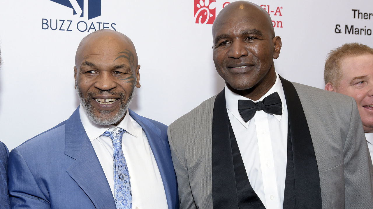 BEVERLY HILLS, CALIFORNIA - AUGUST 09: Heavyweight boxing legends Mike Tyson and Evander Holyfield attend the 19th annual Harold and Carole Pump Foundation Gala at The Beverly Hilton Hotel on August 09, 2019 in Beverly Hills, California.