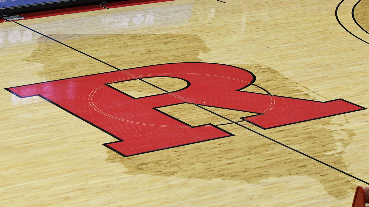 PISCATAWAY, NJ - DECEMBER 11: The Rutgers logo on the floor before a college basketball game between the Wisconsin Badgers and the Rutgers Scarlet Knights at the Rutgers Athletic Center on December 11, 2019 in Piscataway, New Jersey.
