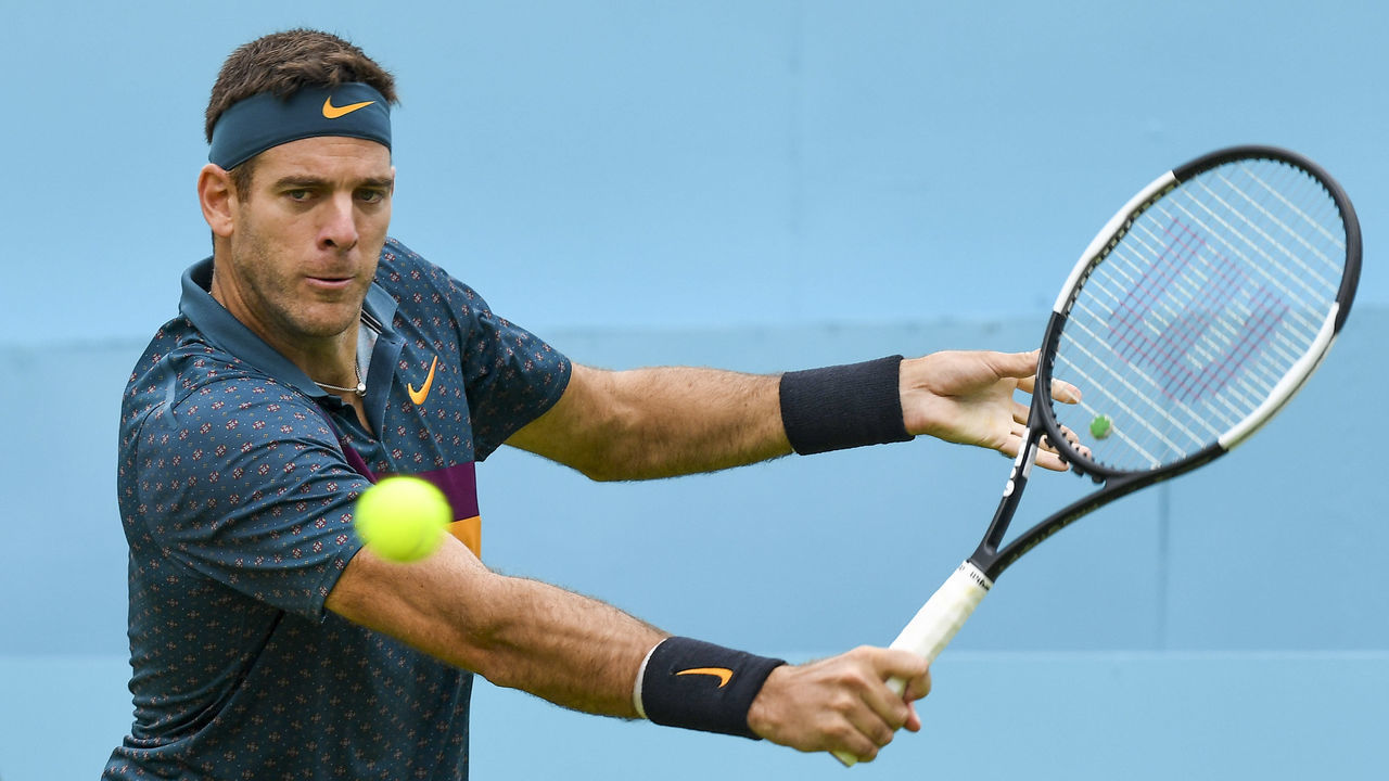 Juan Martin Del Potro of Argentina is pictured in action during day three of ATP Fever-Tree Championships tennis tournament at Queen's Club in west London on June 19, 2019.
