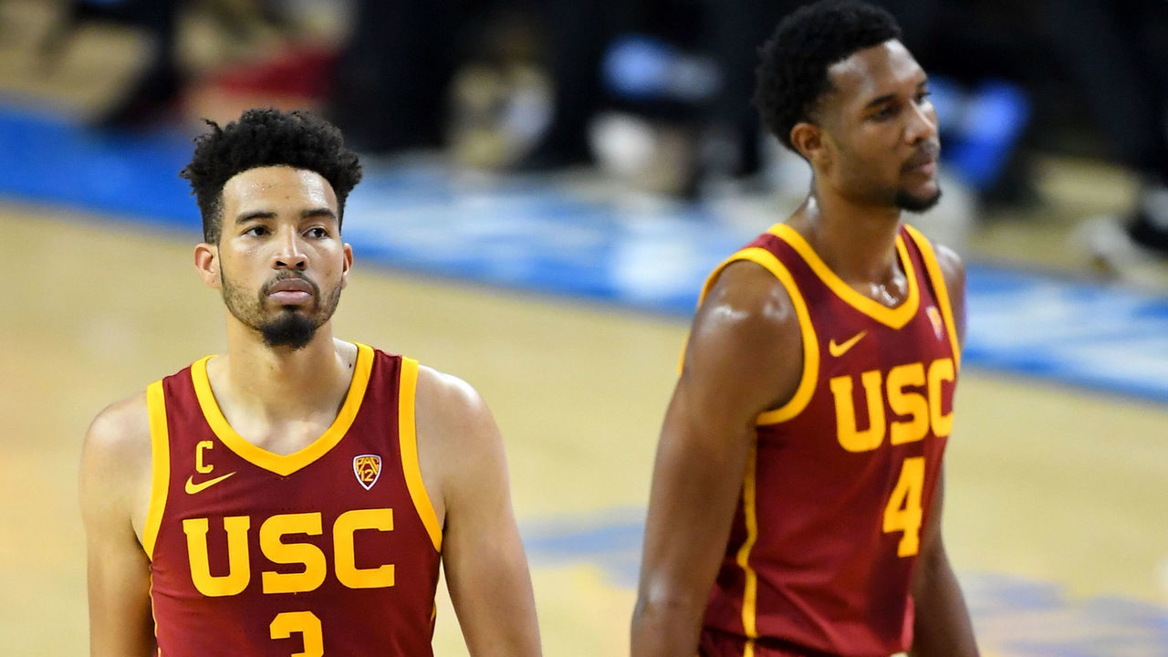 LOS ANGELES, CA - MARCH 06: Isaiah Mobley #3 and Evan Mobley #4 of the USC Trojans wait on the court during the game against the UCLA Bruins at Pauley Pavilion on March 6, 2021 in Los Angeles, California.