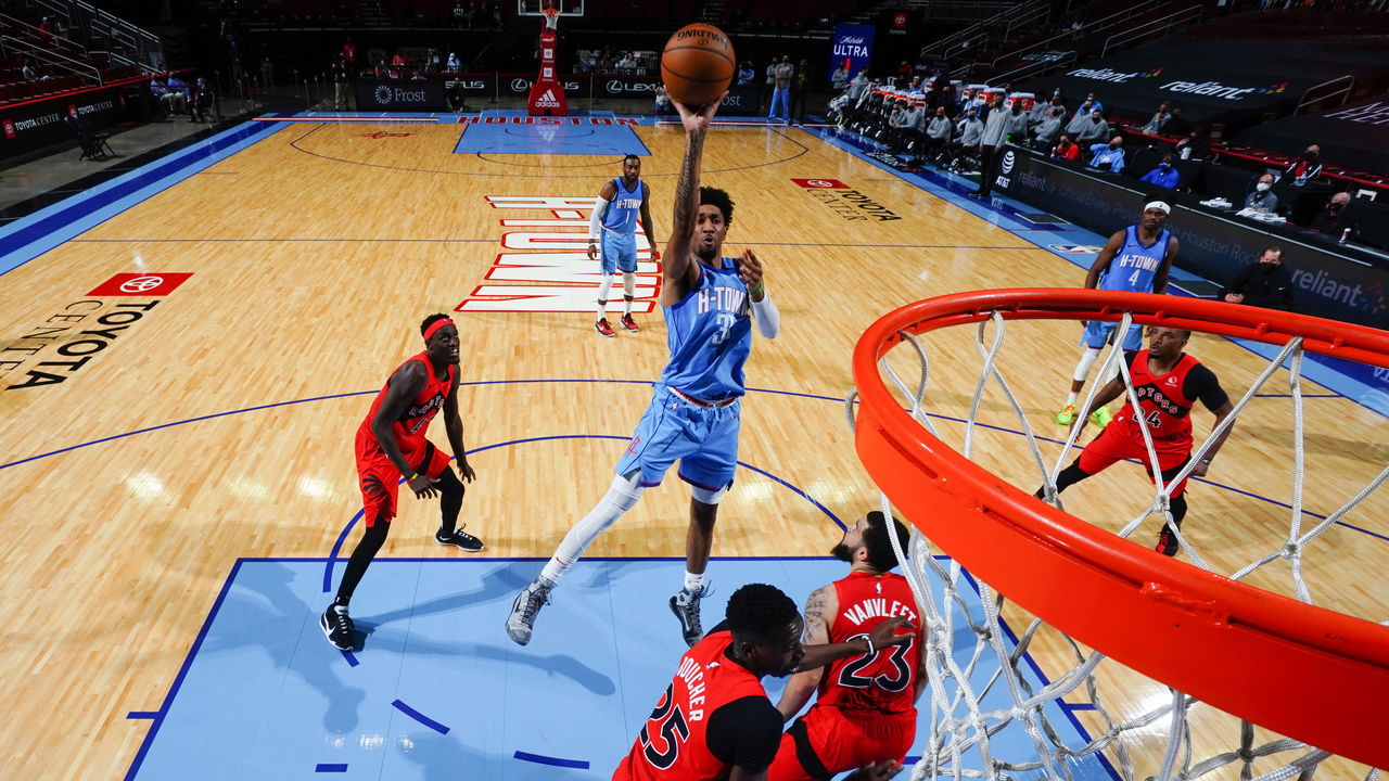HOUSTON, TX - MARCH 22: Christian Wood #35 of the Houston Rockets shoots the ball during the game against the Toronto Raptors on March 22, 2021 at the Toyota Center in Houston, Texas. Mandatory Copyright Notice: Copyright 2021 NBAE