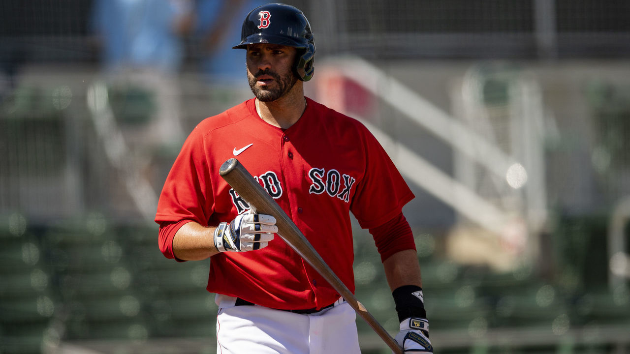 FT. MYERS, FL - FEBRUARY 28: J.D. Martinez #28 of the Boston Red Sox looks on during the first inning of a Grapefruit League game against the Atlanta Braves at jetBlue Park at Fenway South on March 1, 2021 in Fort Myers, Florida.