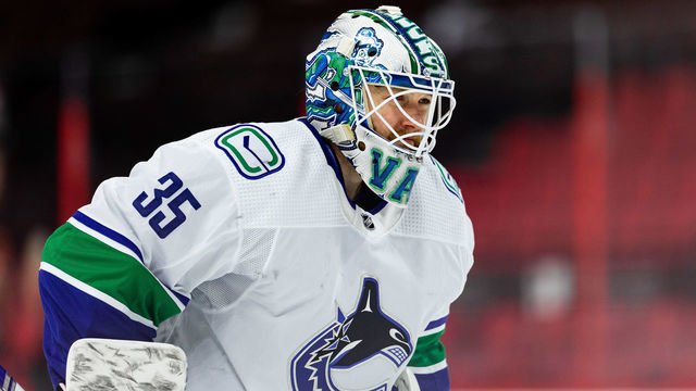 OTTAWA, ON - MARCH 17: Vancouver Canucks Goalie Thatcher Demko (35) skates to the net during overtime National Hockey League action between the Vancouver Canucks and Ottawa Senators on March 17, 2021, at Canadian Tire Centre in Ottawa, ON, Canada.